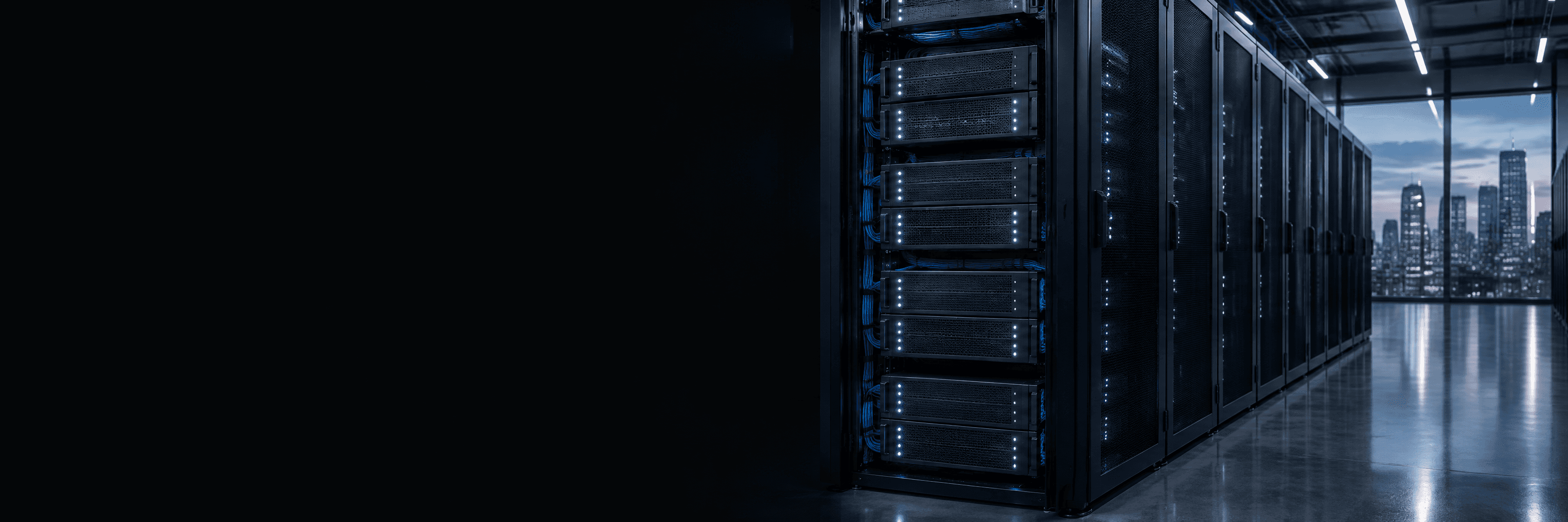 An aisle of black server racks with rackmount servers and blue cabling
