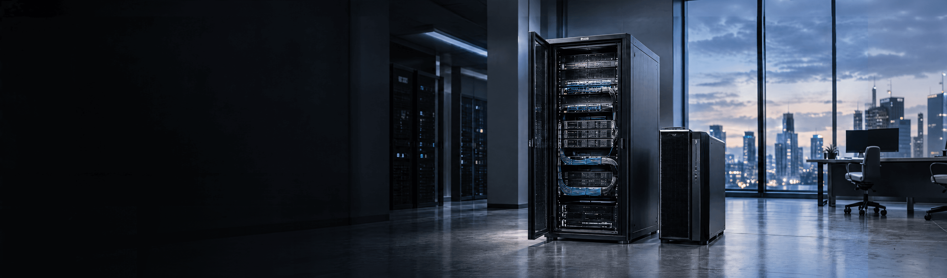 An open server rack with neat cabling beside a black tower workstation in a modern office server room at dusk